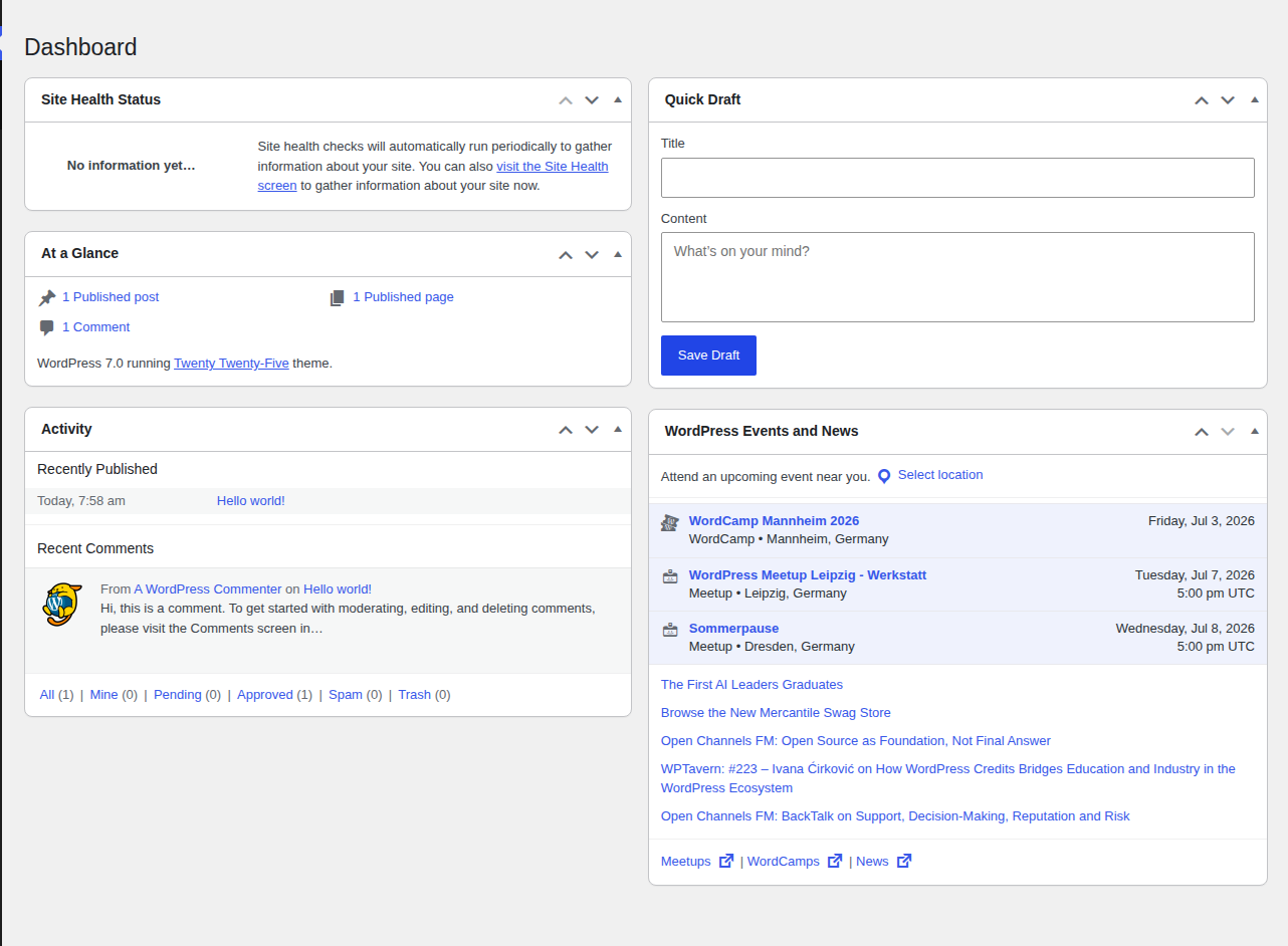 WordPress dashboard after a successful login