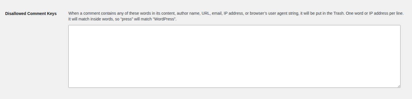 WordPress warning text explaining how Disallowed Comment Keys matches comment fields