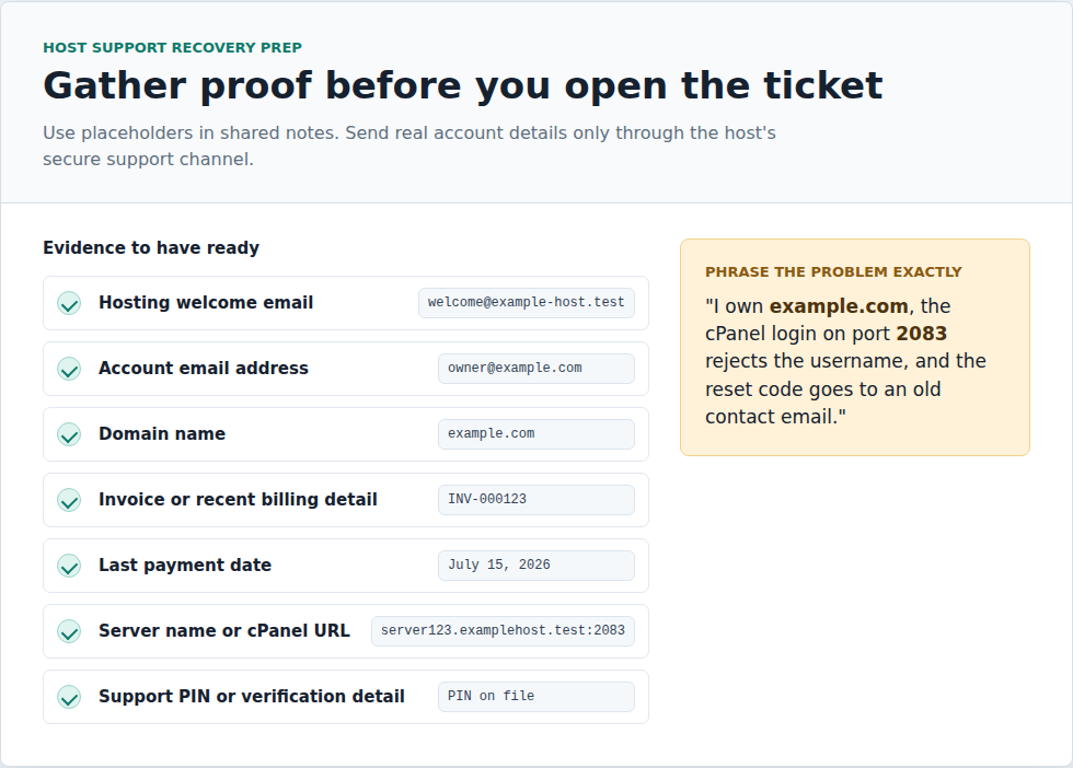 Host recovery checklist for preparing a support request