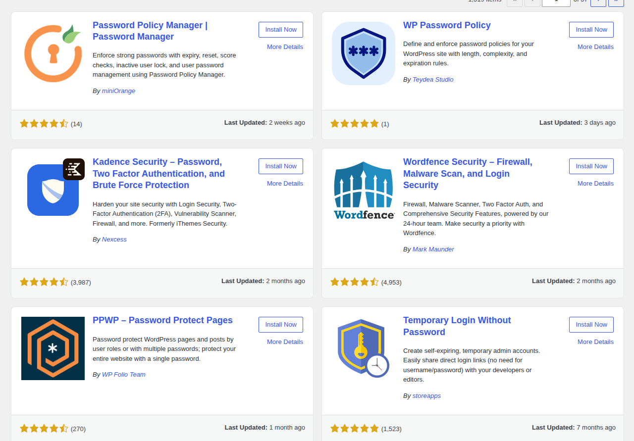WordPress plugin directory search results for password policy plugins