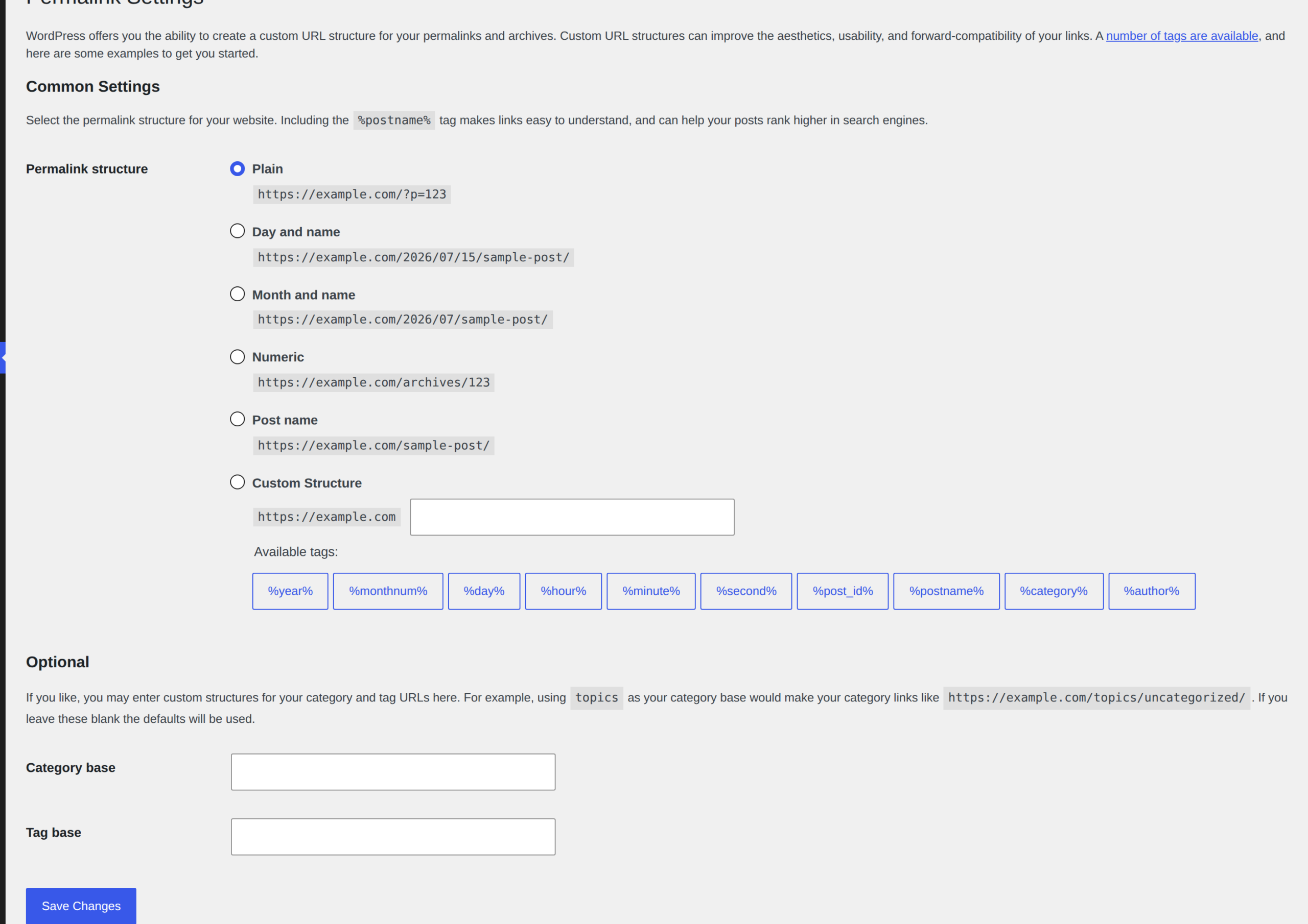 WordPress Permalinks settings Save Changes button
