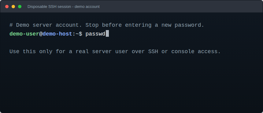 SSH terminal showing the passwd command for a server account
