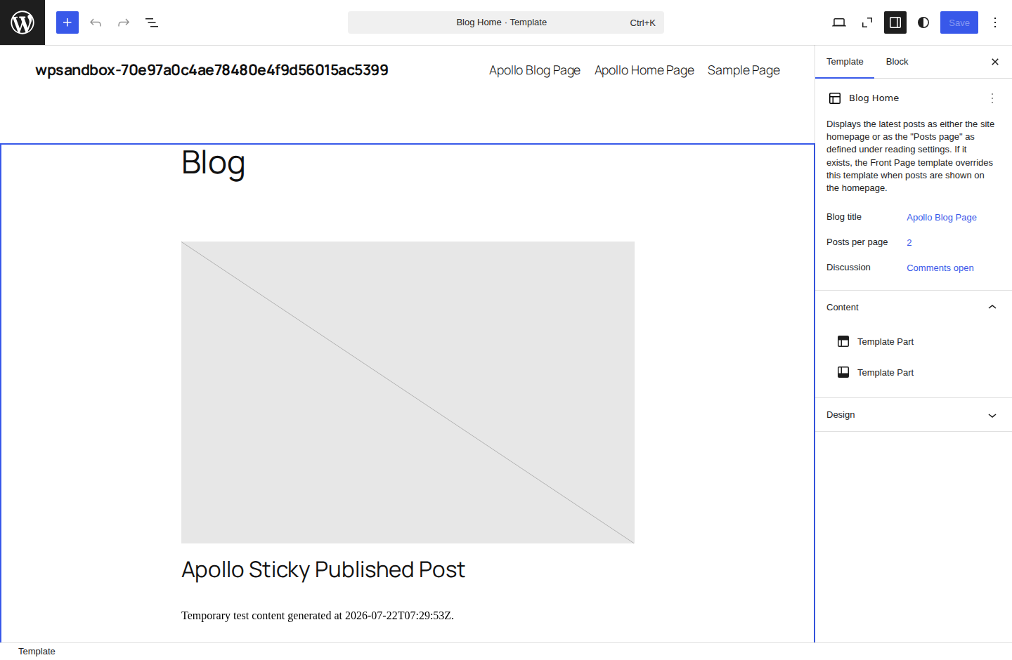 WordPress Site Editor template view for the Blog page
