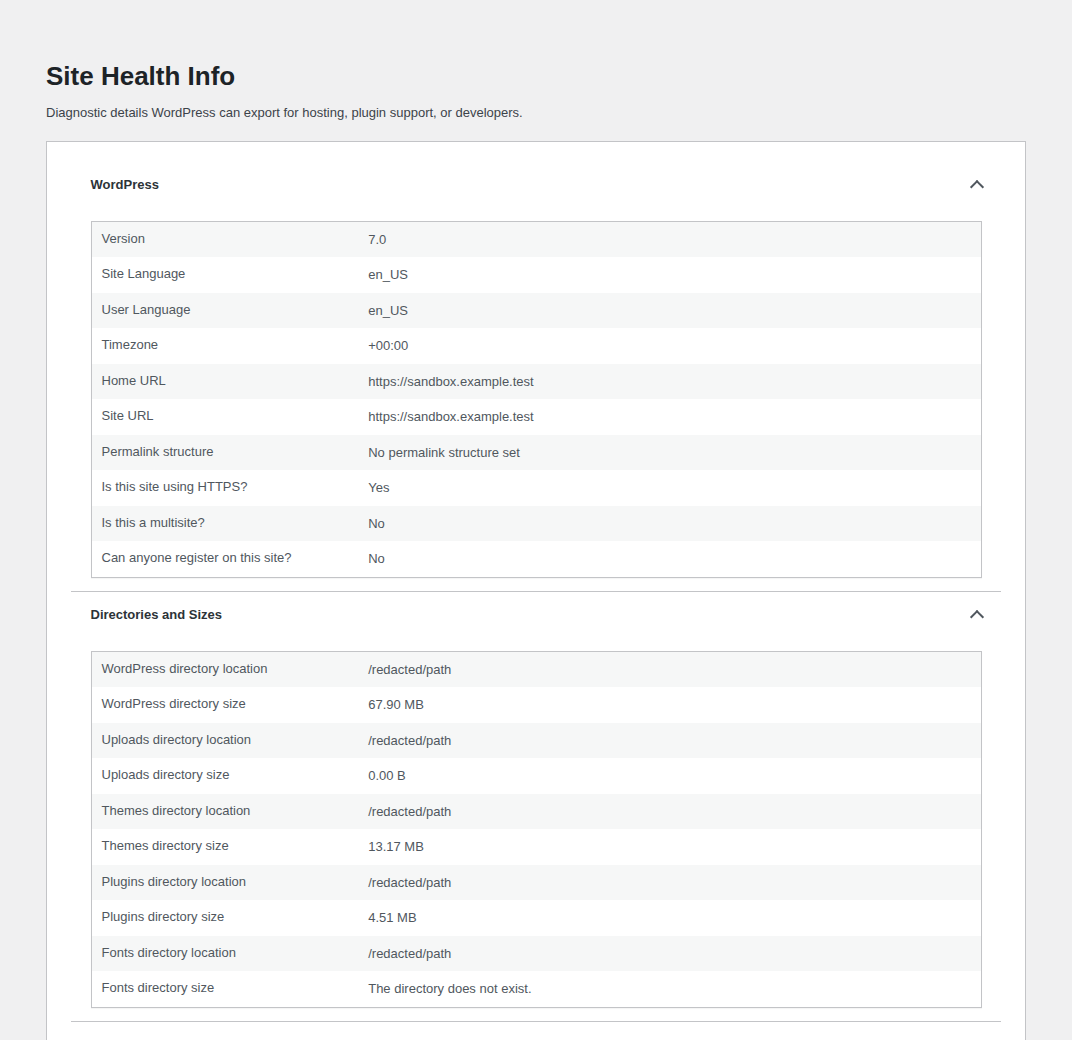 WordPress Site Health Info panels for diagnostic context
