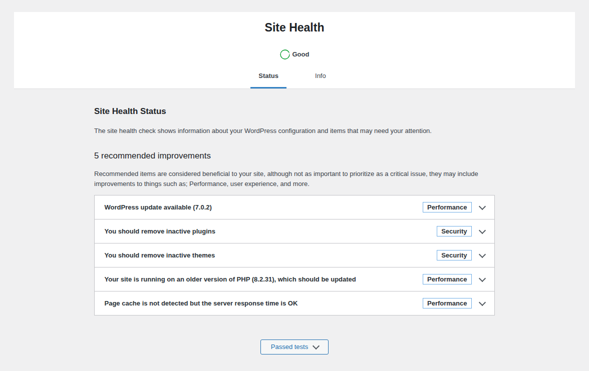 WordPress Site Health screen for maintenance and hardening checks