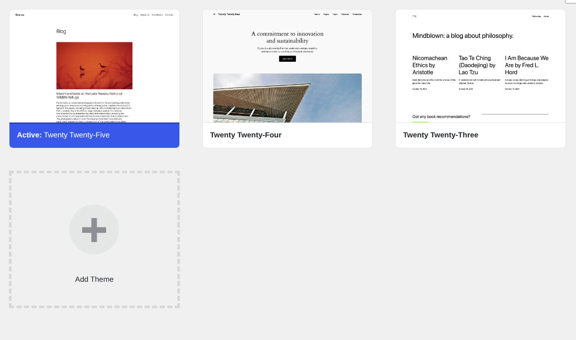 WordPress Themes screen for reviewing active and inactive themes