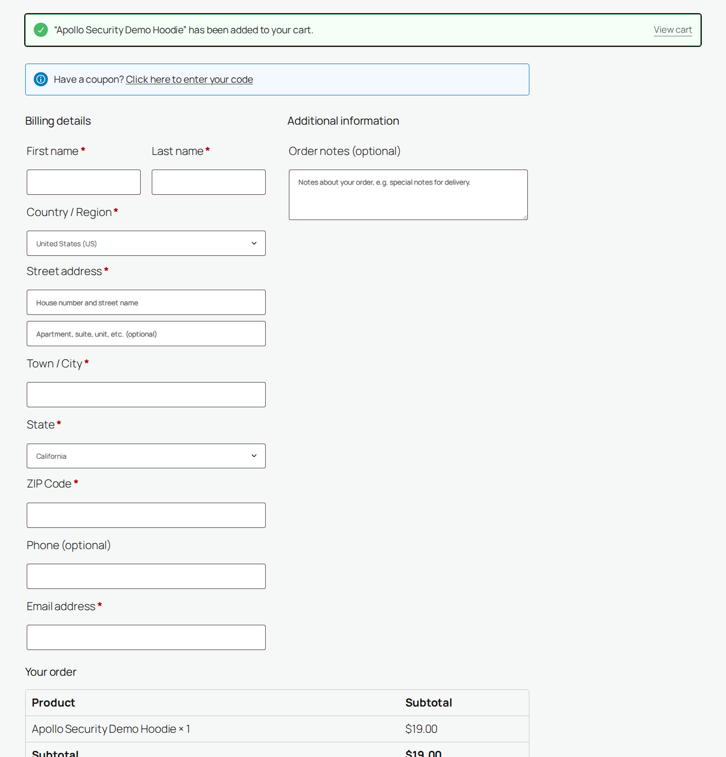 WooCommerce checkout page showing the customer-facing payment risk surface