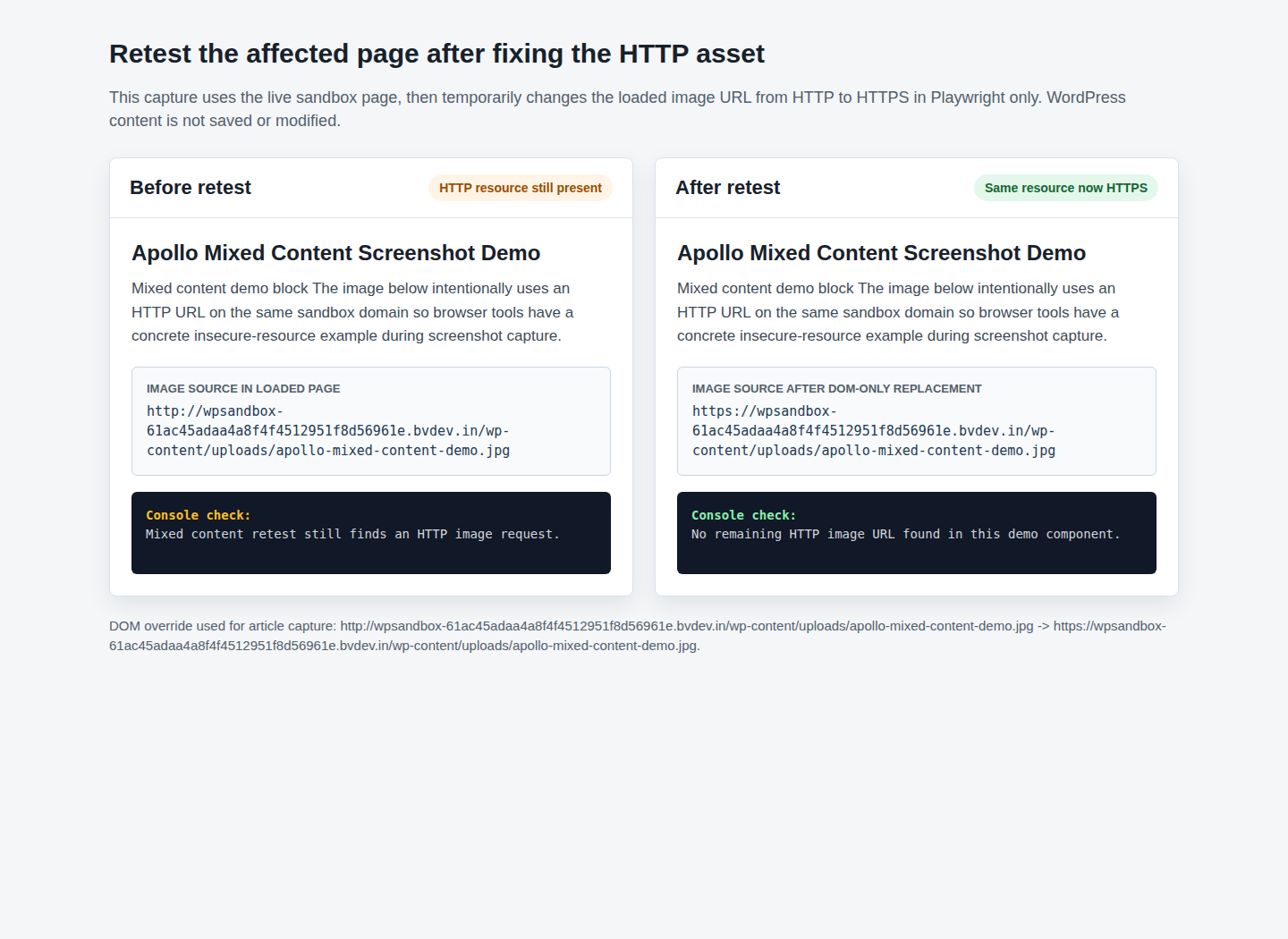 A clean retest view showing the page after the HTTP resource has been corrected