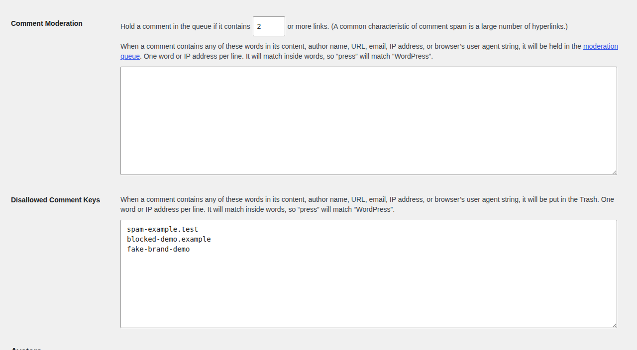 Disallowed Comment Keys textarea for narrow trash rules