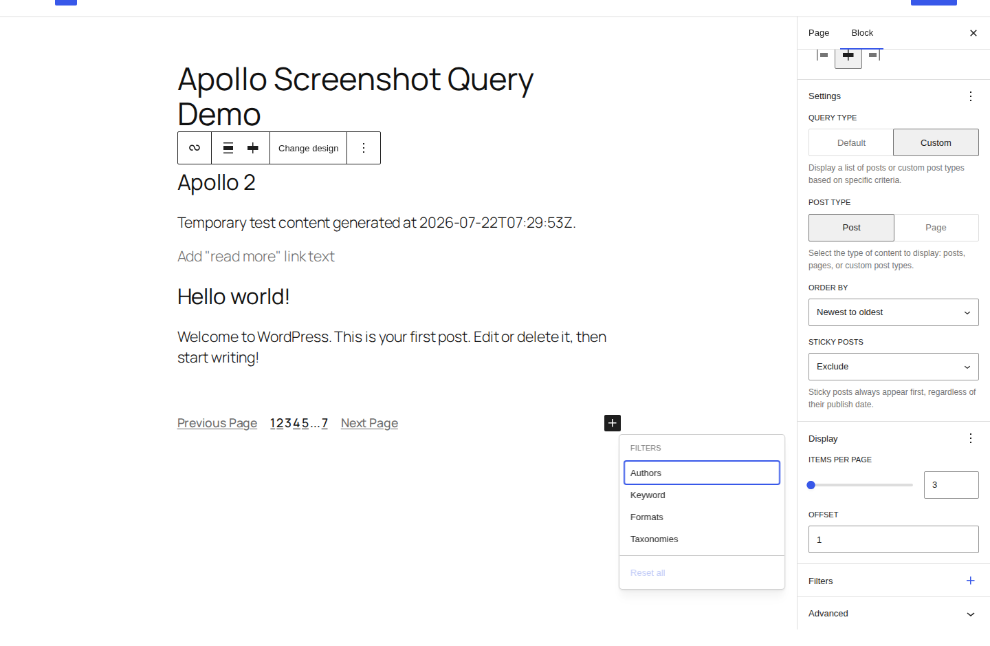 WordPress editor block settings for Query Loop filters