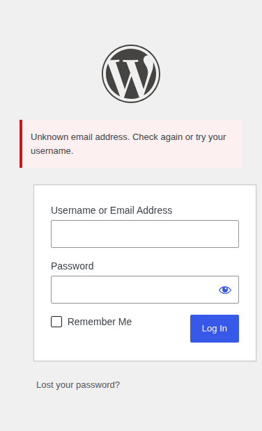 WordPress login form showing an invalid login error