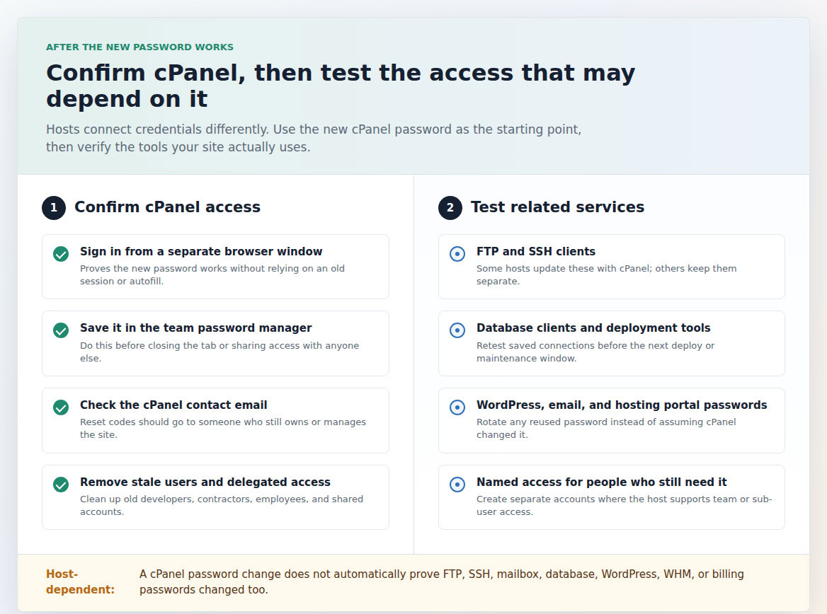 Post-change checklist for verifying cPanel and related access