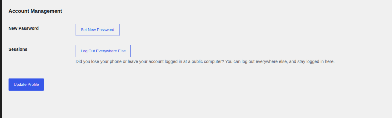 WordPress profile session management controls