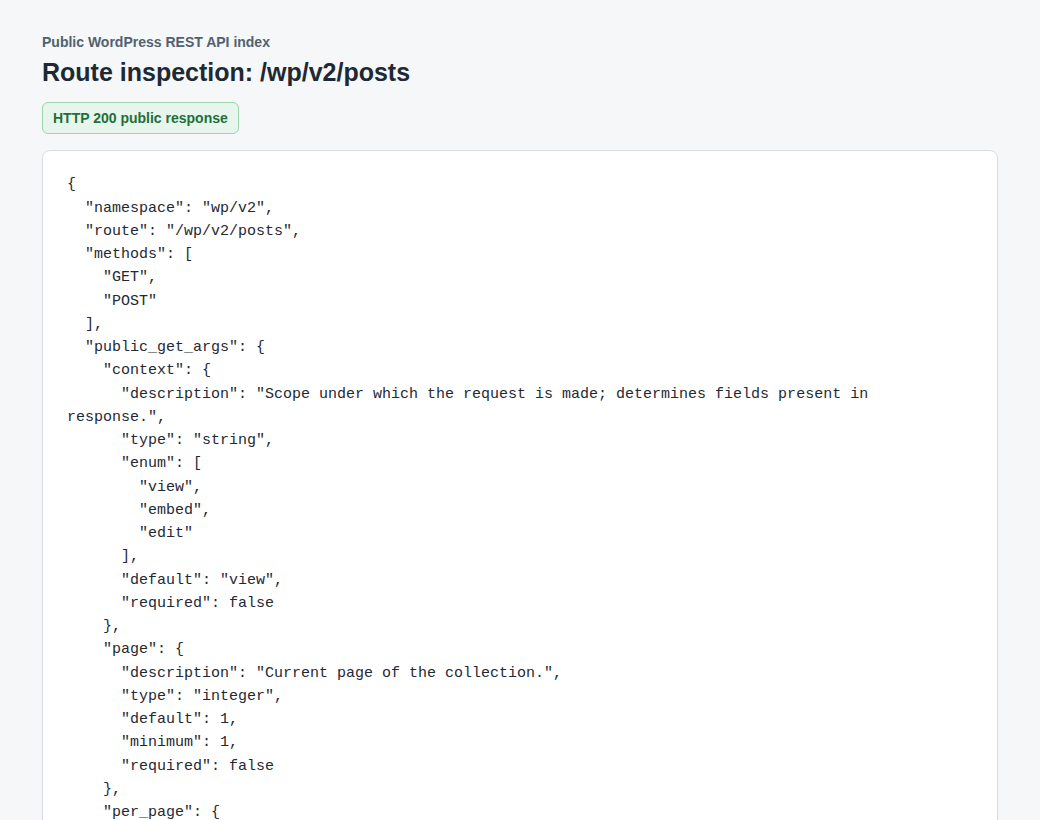 Public WordPress REST API route list for safe structure inspection