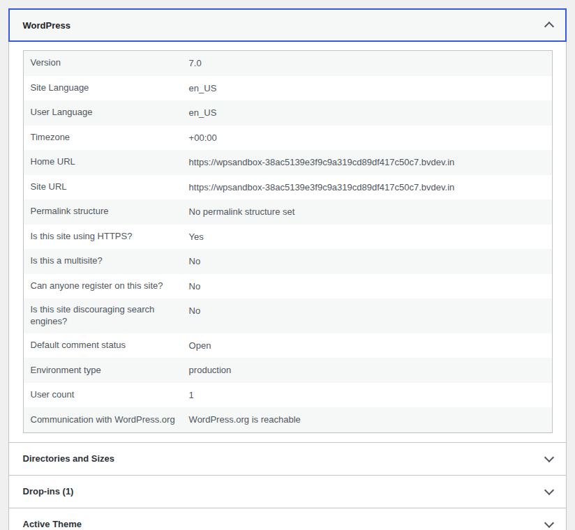 WordPress Site Health diagnostic information screen