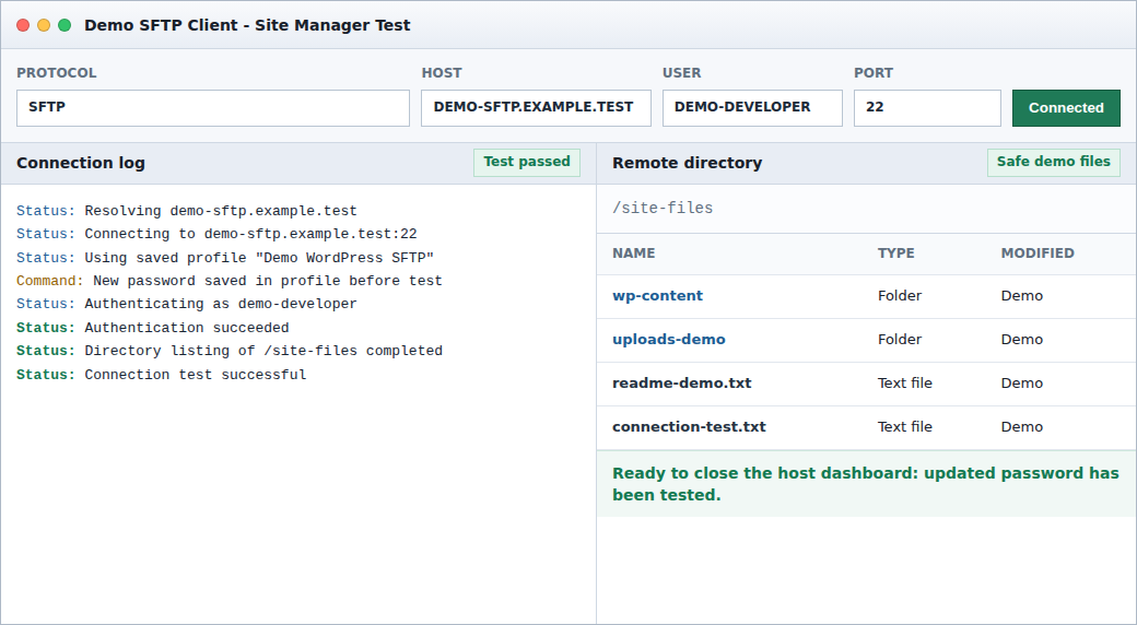 FTP client connection log showing a successful login test