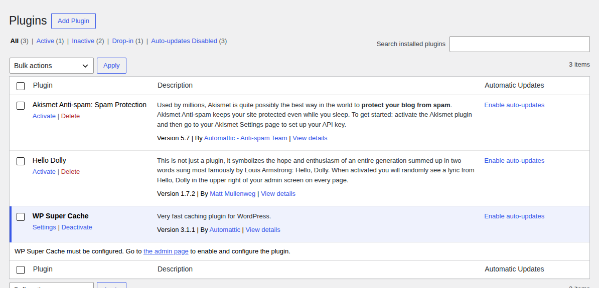 WordPress plugins screen for checking display-related plugins