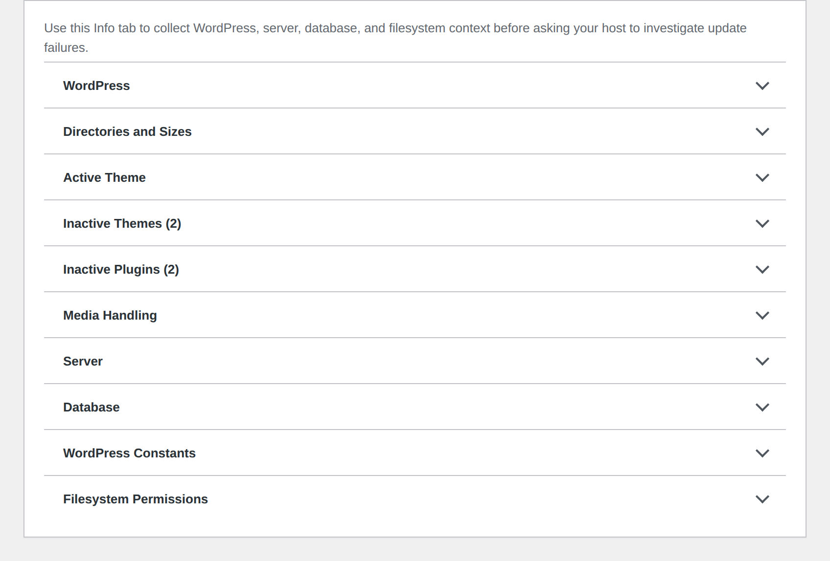 WordPress Site Health Info screen for server and filesystem details