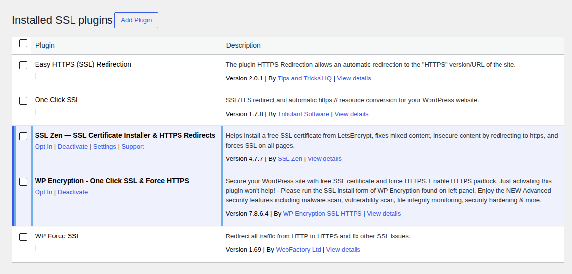 WordPress plugin list showing multiple SSL plugins