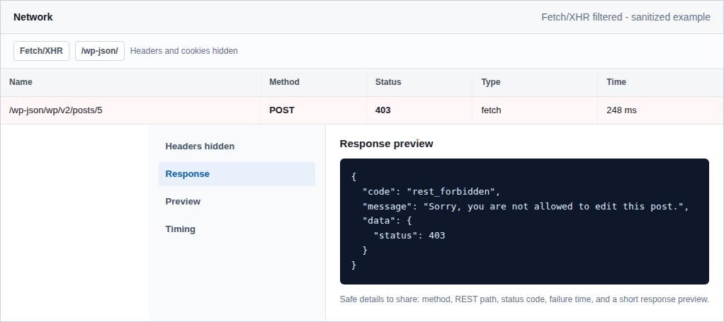 Browser Network panel showing a failed REST request status