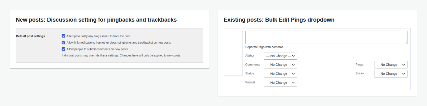 Pingback and trackback controls for new and existing posts