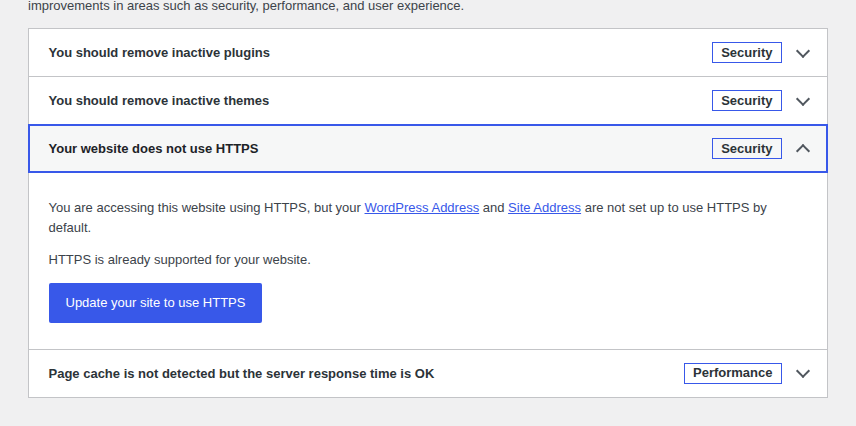 WordPress Site Health HTTPS status check