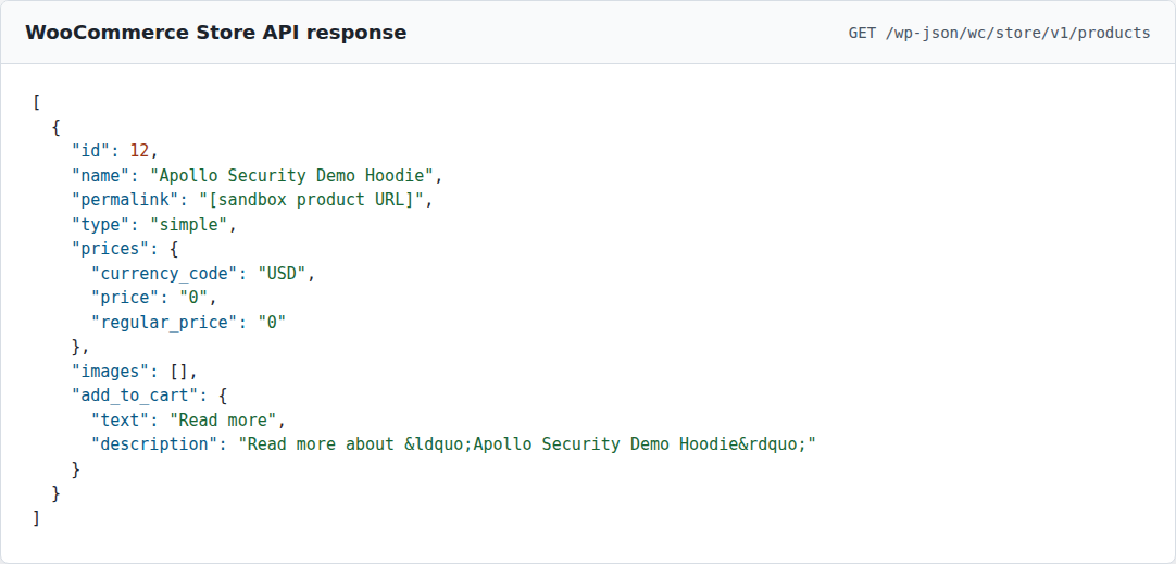 WooCommerce Store API response showing structured data used by store features