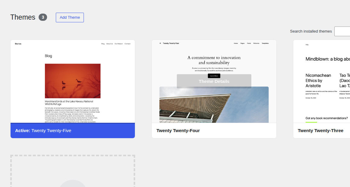 WordPress themes screen showing active theme context