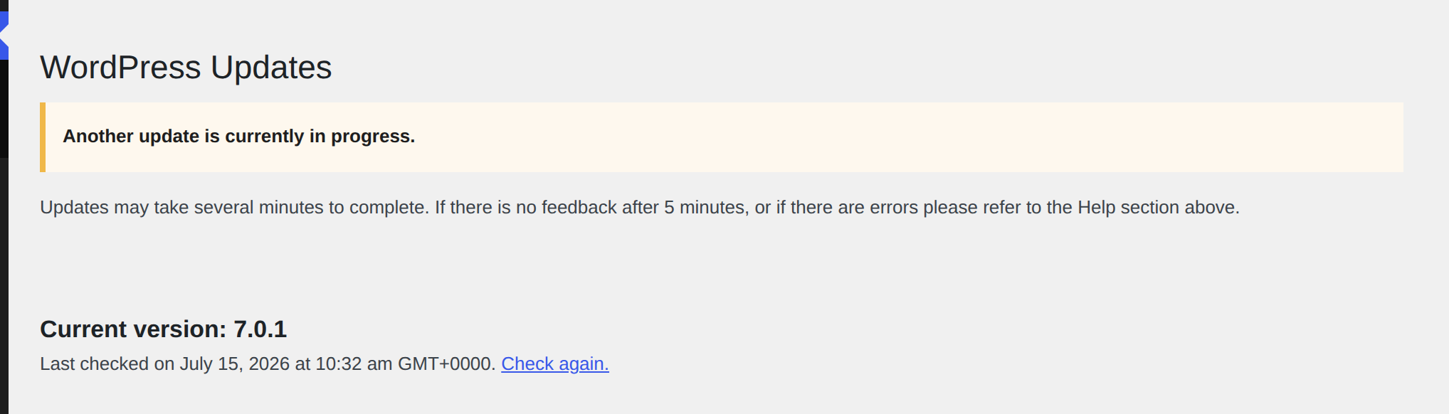 WordPress update already running notice on the Updates screen