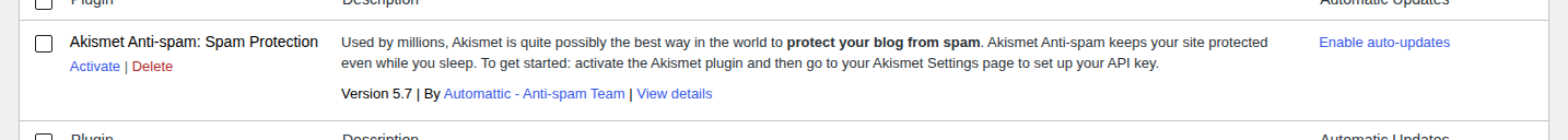 Akismet installed but inactive in the Plugins list