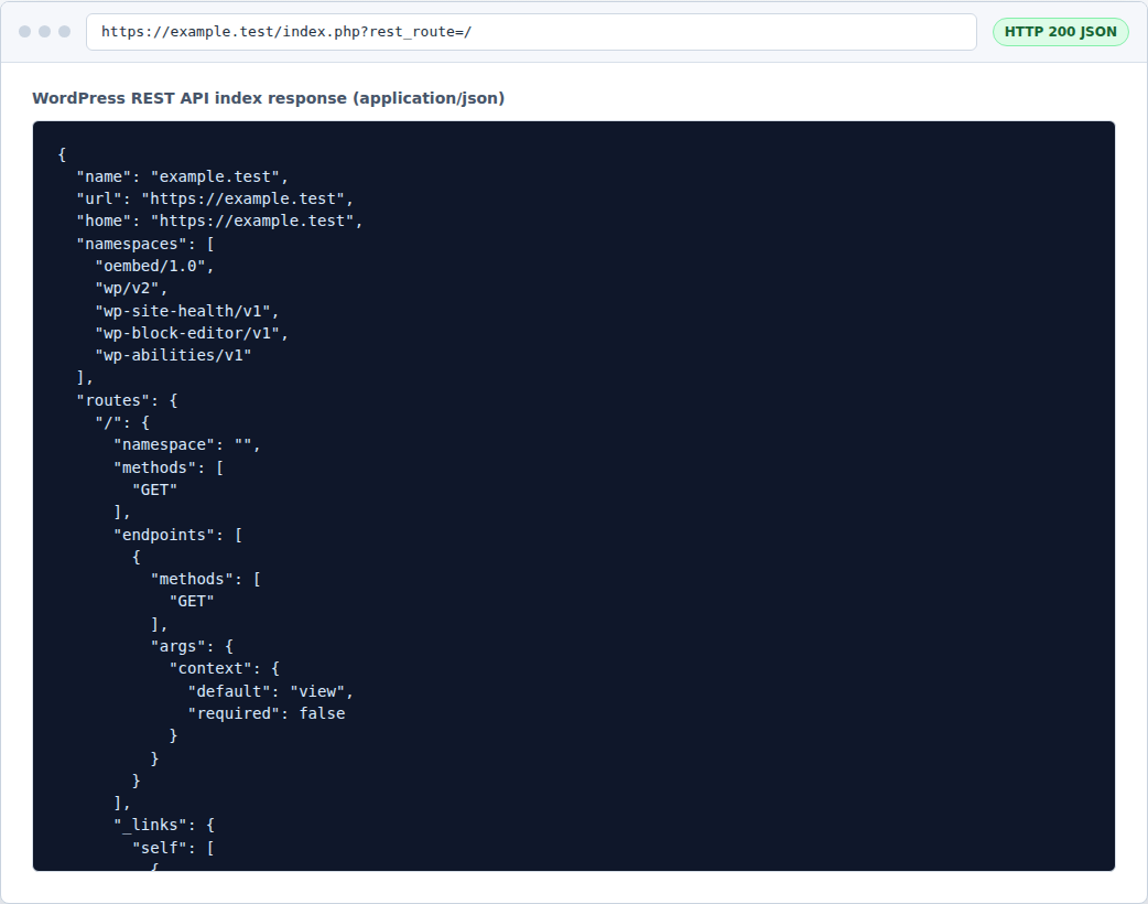 Browser test of wp-json returning structured JSON