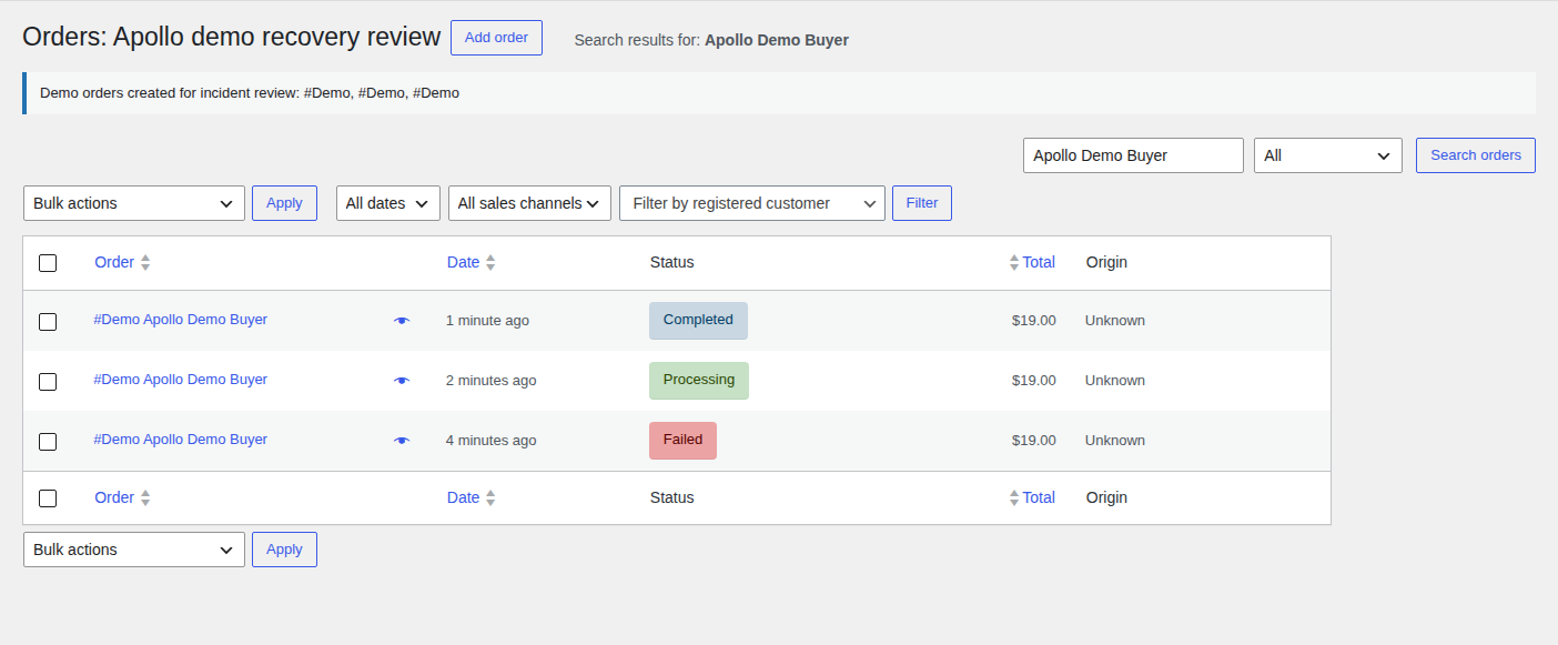 WooCommerce orders screen used for post-incident monitoring and review