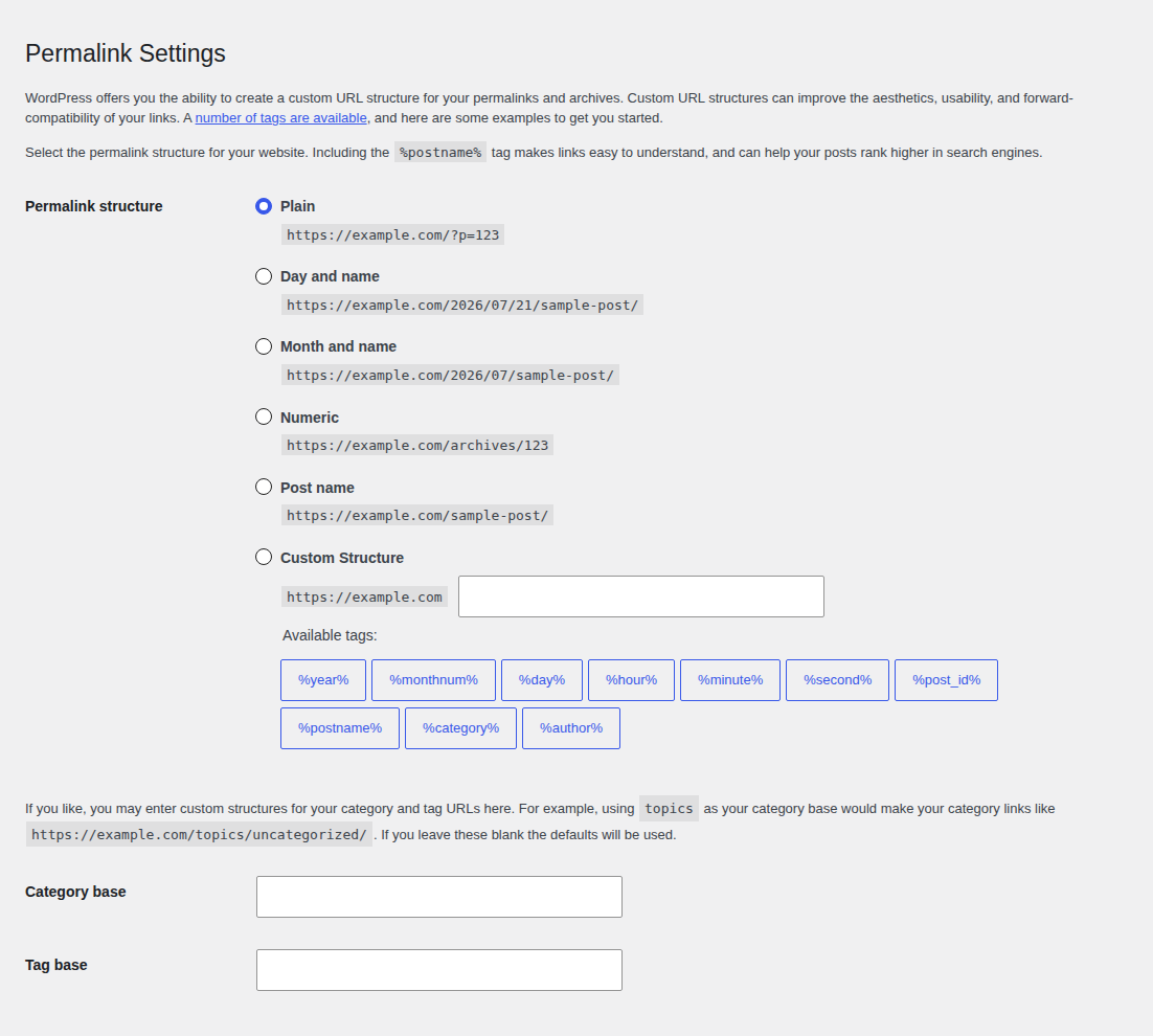 WordPress permalink settings showing URL routing context