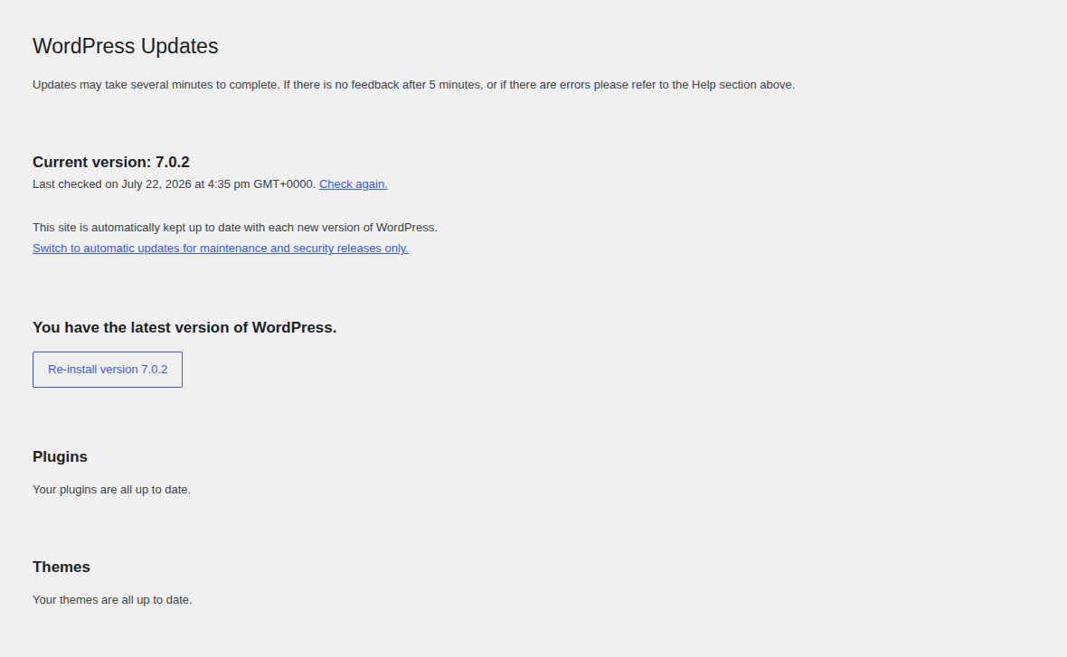 WordPress updates screen used as a checkpoint before changes
