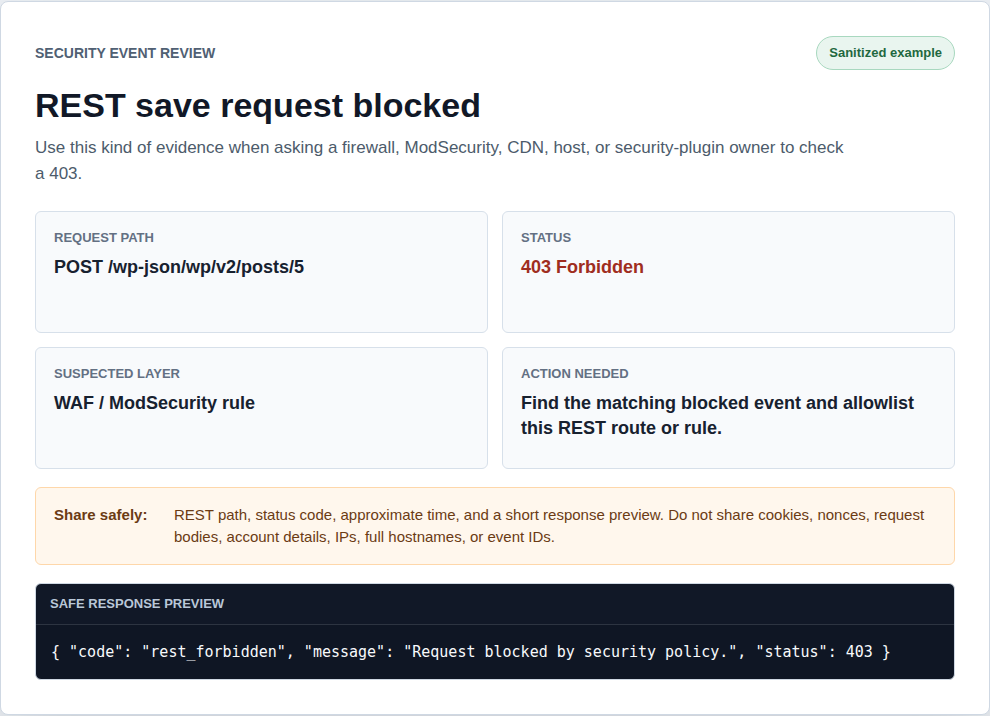 Sanitized blocked REST request diagnostic