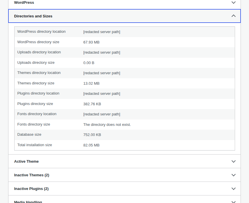 WordPress Site Health info screen for diagnostics