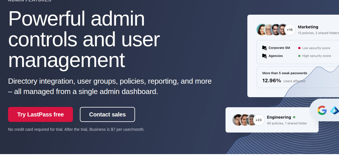 LastPass business admin controls and policies