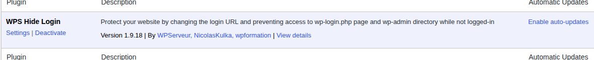 WPS Hide Login plugin row showing login hiding as one security layer