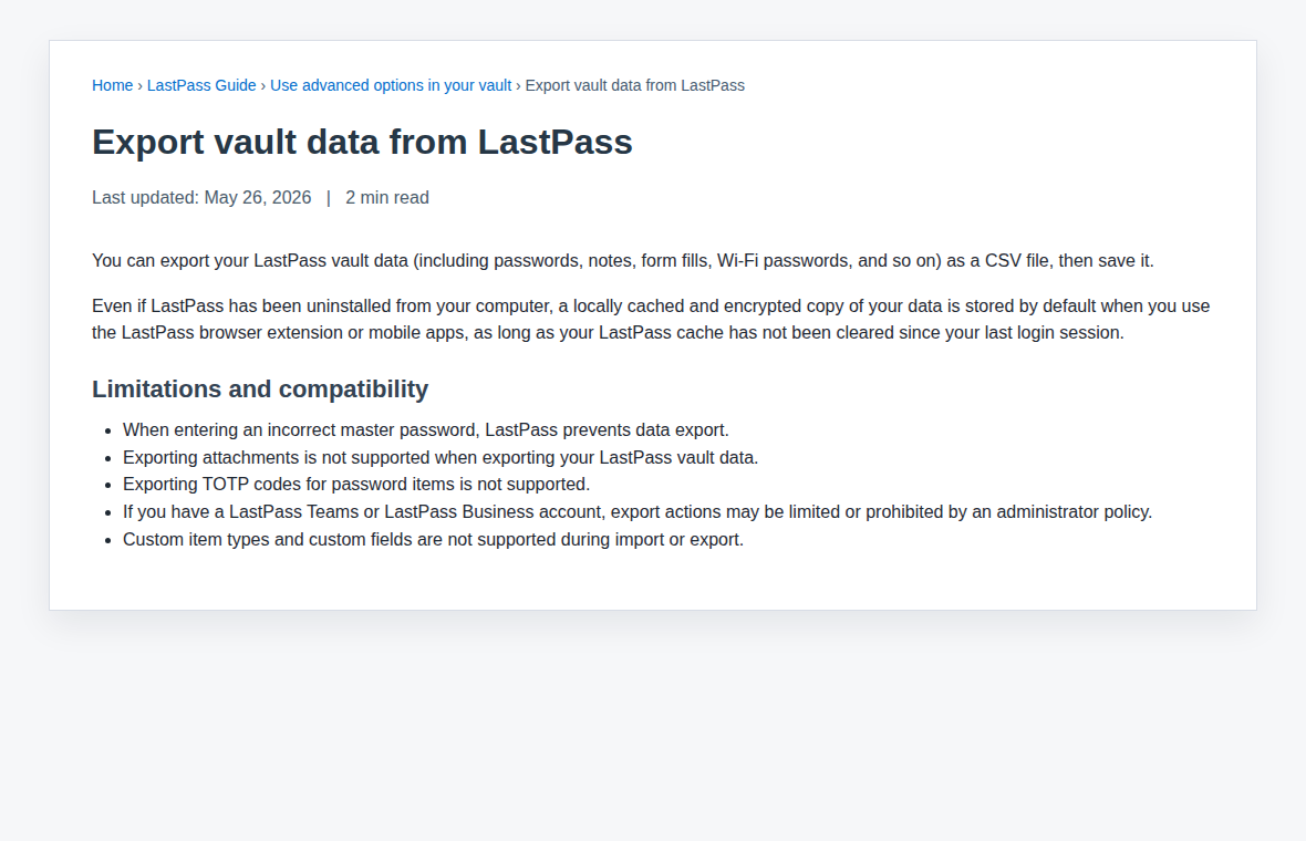 LastPass vault export support page warning context