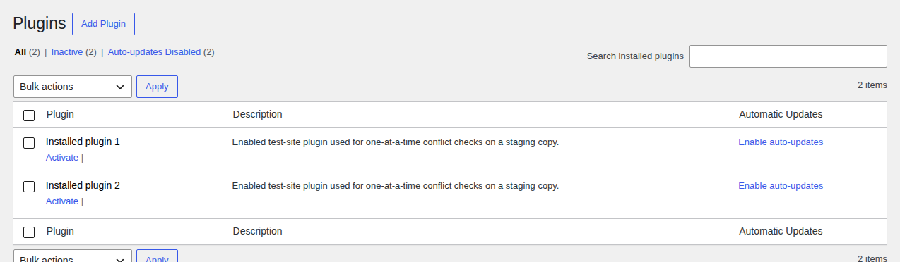 WordPress plugins list for conflict testing