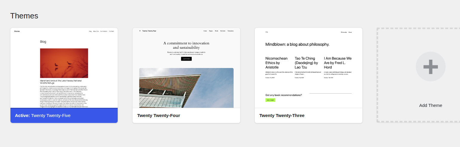 WordPress themes screen for cautious theme conflict checks