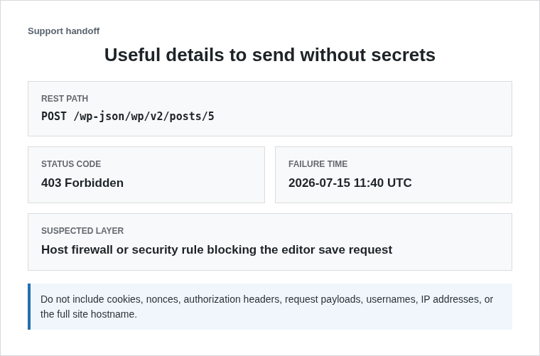 Safe support handoff details for a failed REST request