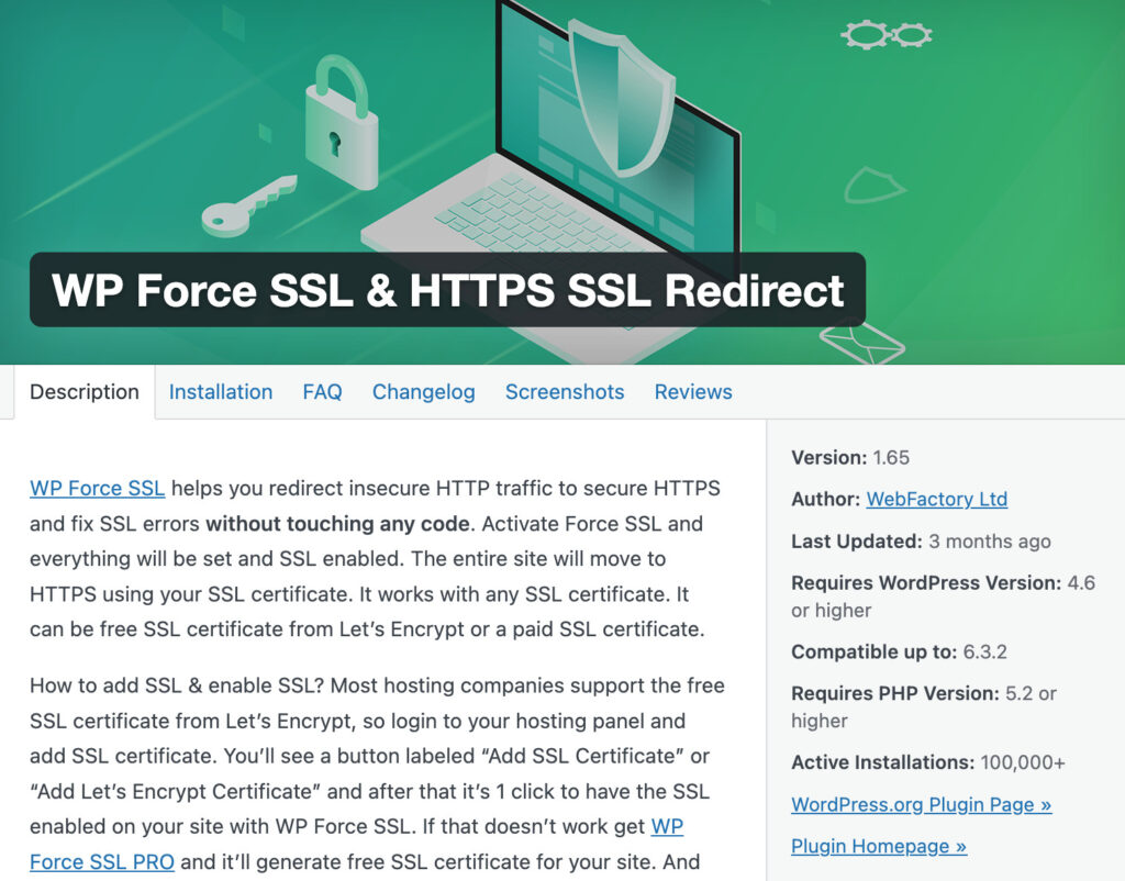 WP Force SSL plugin listing with its HTTPS redirect description