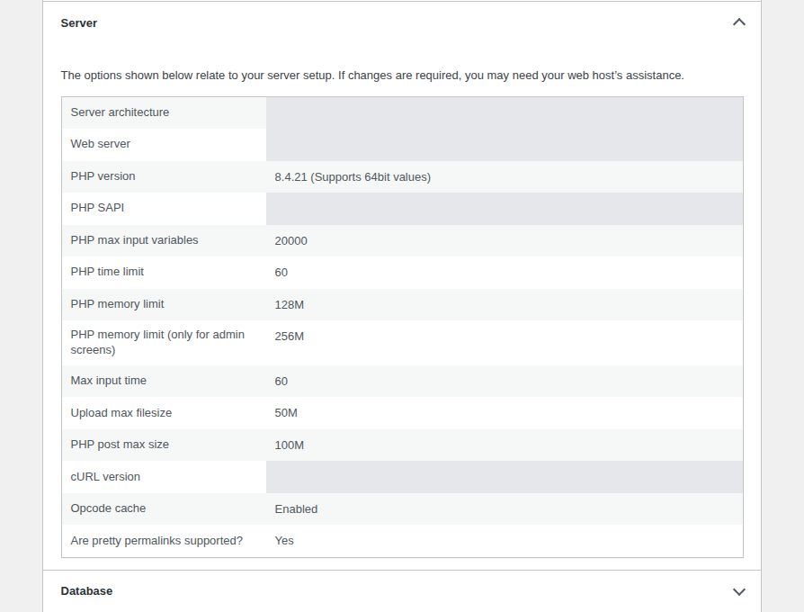 WordPress Site Health server diagnostics for the host and server layer