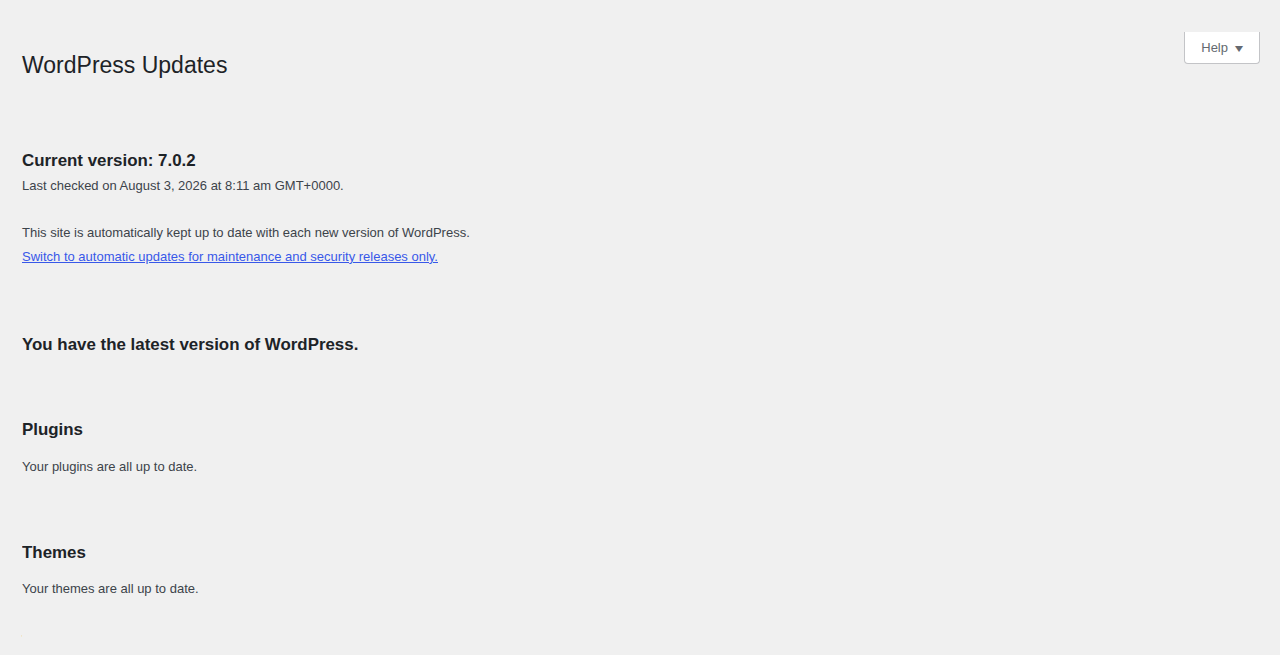 WordPress Updates screen showing routine maintenance status