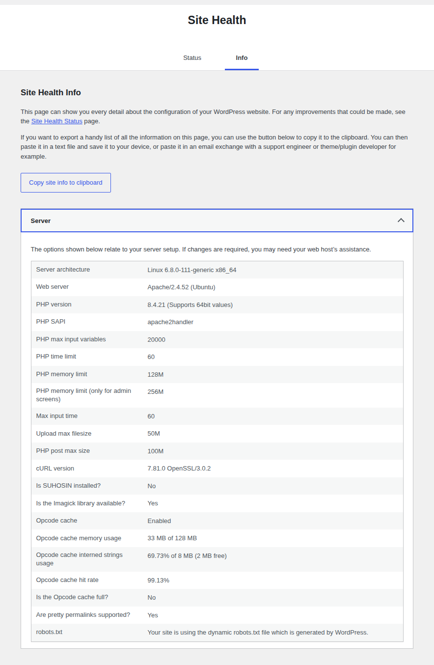WordPress Site Health server context for choosing a header layer