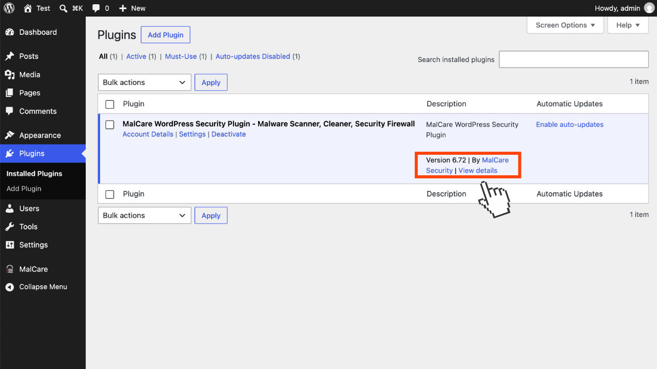WordPress Plugins screen showing MalCare WordPress Security Plugin at Version 6.72